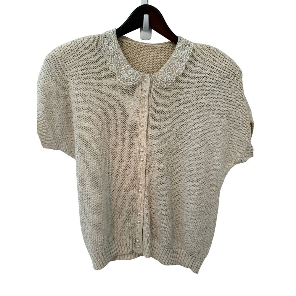Women's Beige Knit Cardigan Sweater  Lace Peter Pan Collar Button Front M